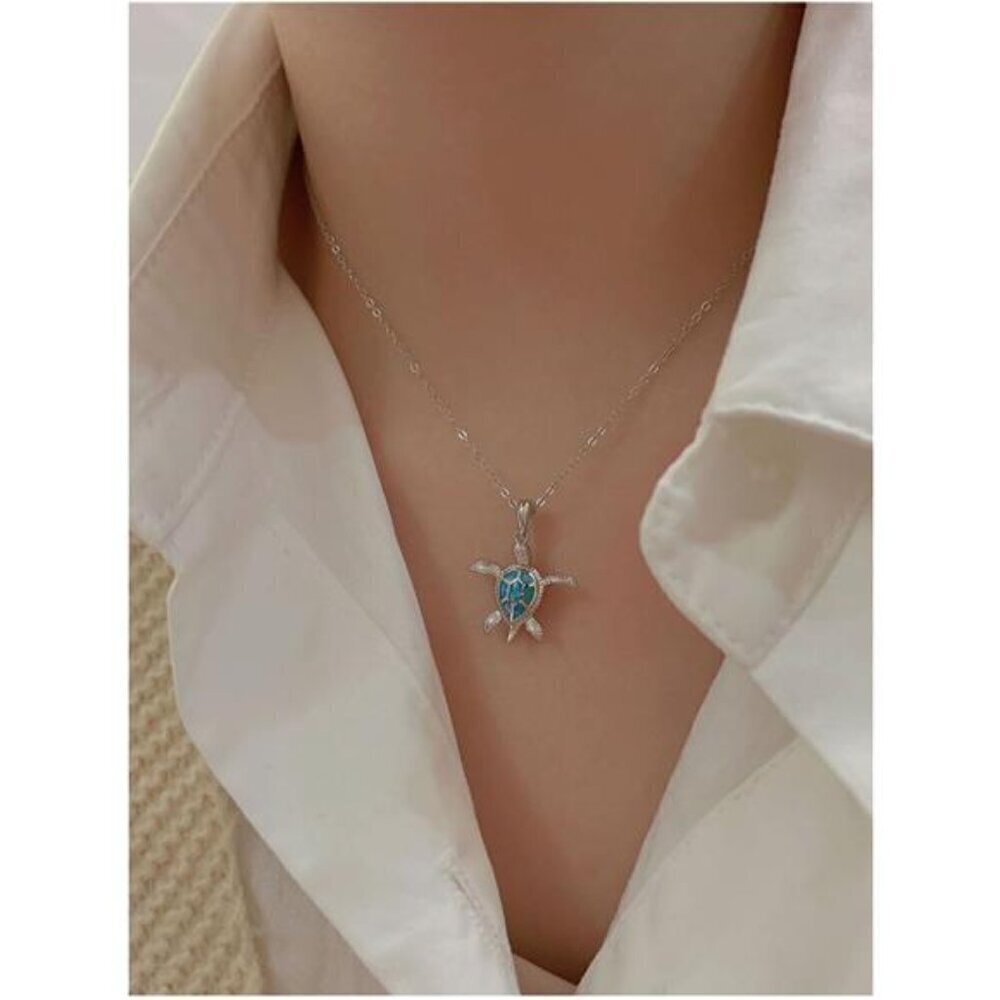 Turtle Necklace Earrings Set for Women Silver Opal Pendant Jewelry Fashion - Picture 2 of 6